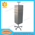 retail store 4 sideds board product metal rotating pegboard floor spinner display stand rack with wheels